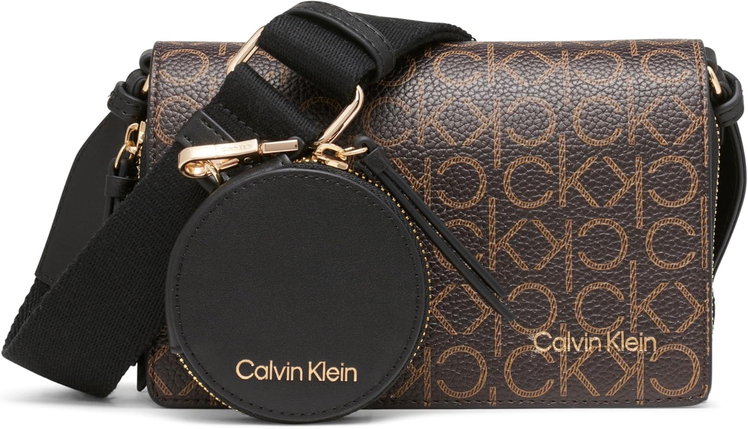 Calvin Klein Millie crossbody bag in brown with logo design and detachable round pouch for stylish carry