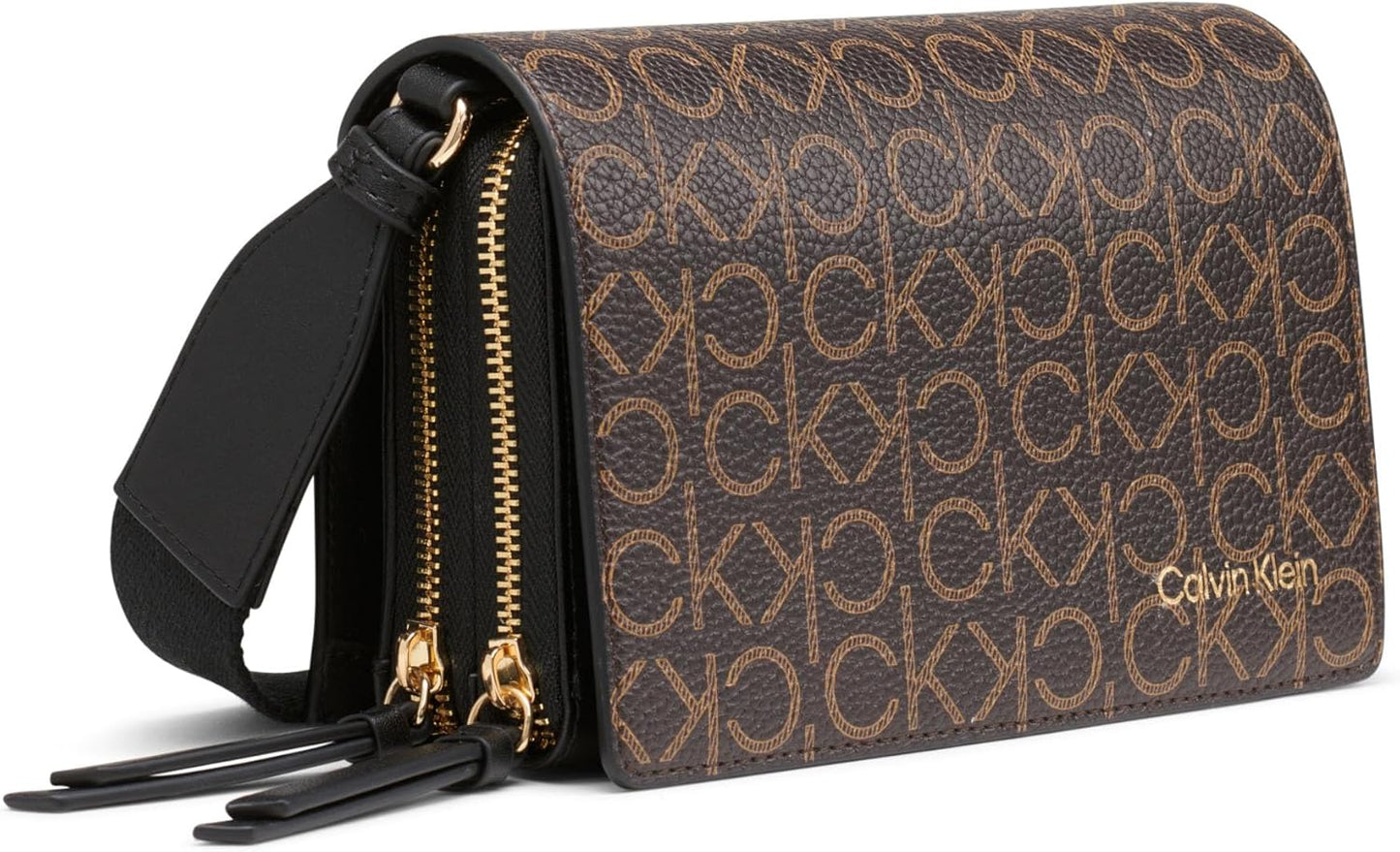 Calvin Klein Millie crossbody bag in brown with gold zipper accents and logo design