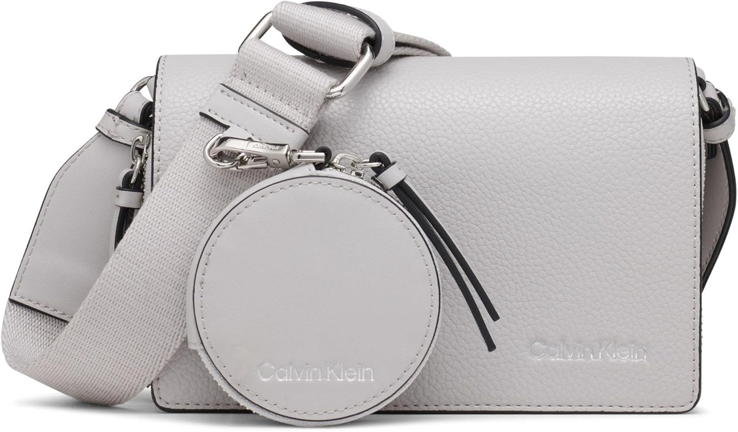 Calvin Klein Millie crossbody bag in light gray with detachable coin pouch and adjustable strap