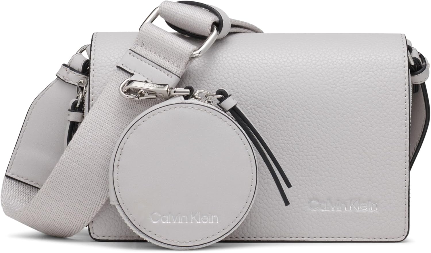Calvin Klein Millie crossbody bag in light gray with detachable coin pouch and adjustable strap