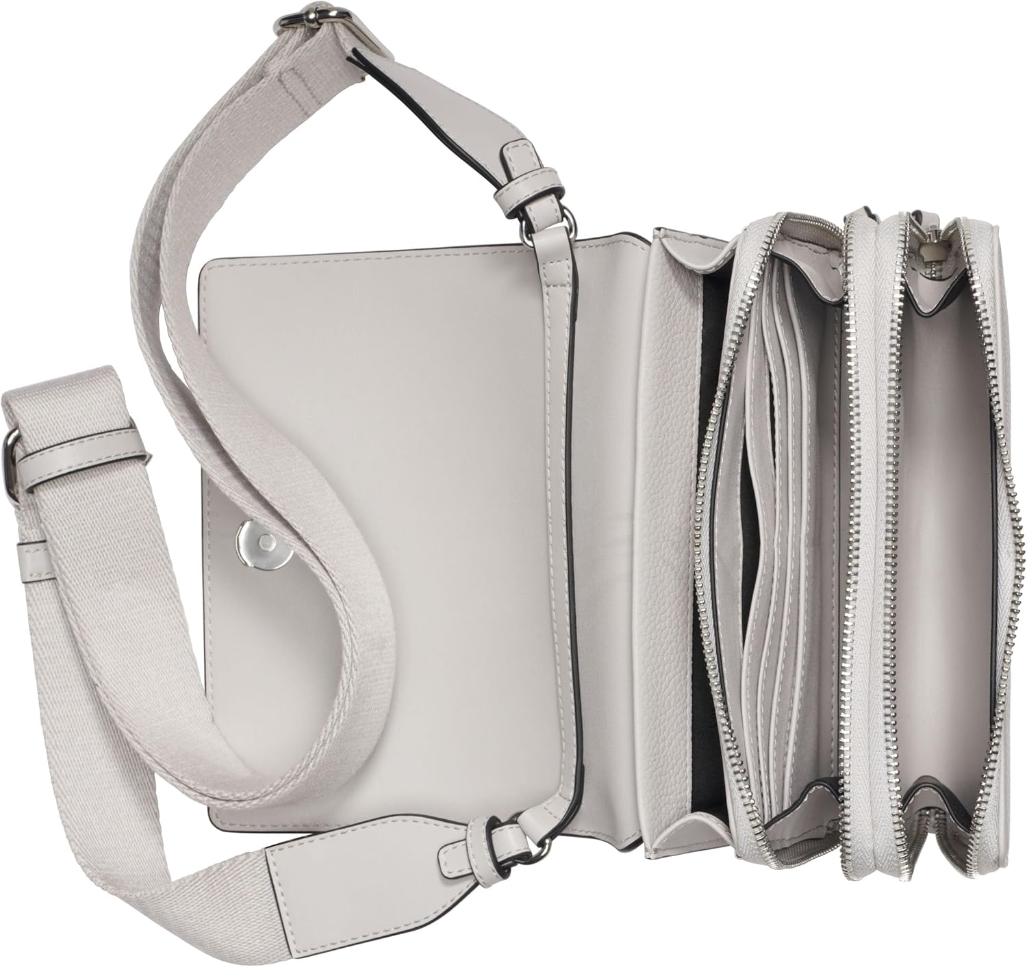 Calvin Klein Millie crossbody bag in light gray with multiple compartments for organization and easy access