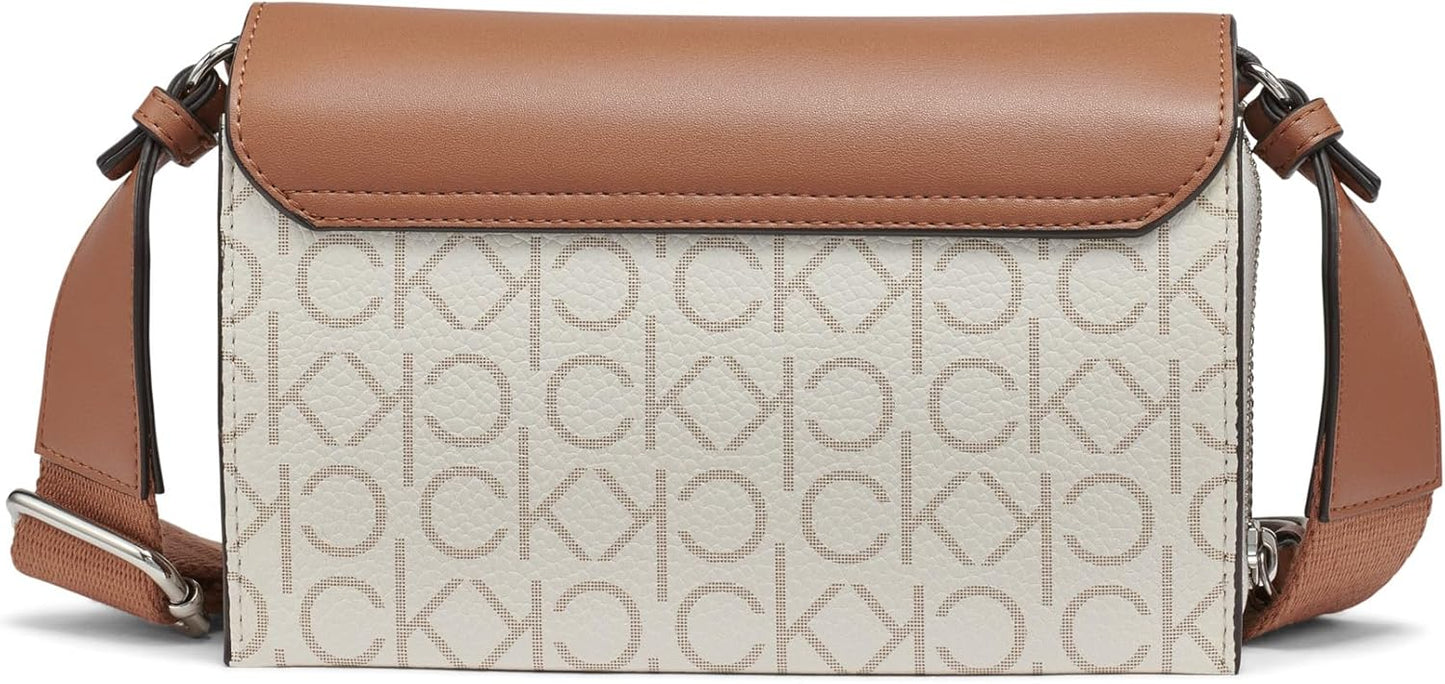 Calvin Klein Millie crossbody bag in beige with signature logo and tan leather accents