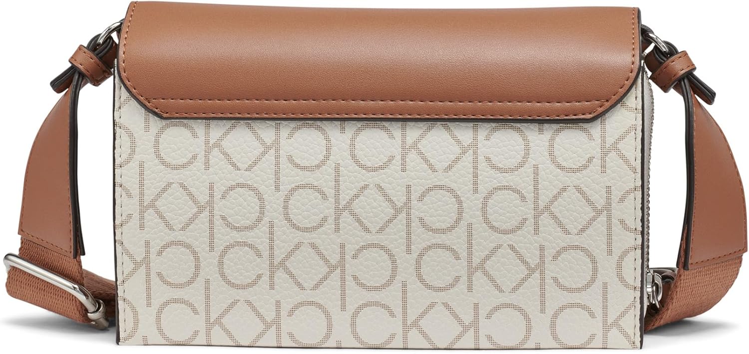 Calvin Klein Millie crossbody bag in beige with signature logo and tan leather accents