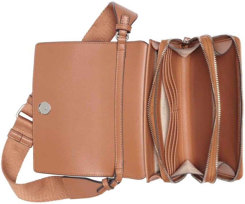 Calvin Klein Millie crossbody bag in tan leather with organized interior and adjustable strap