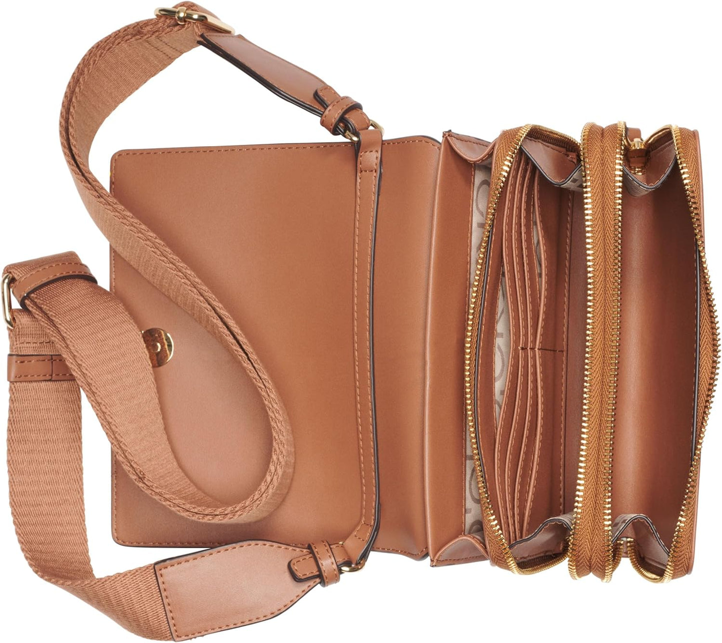 Calvin Klein Millie crossbody bag in tan with multiple compartments and adjustable strap