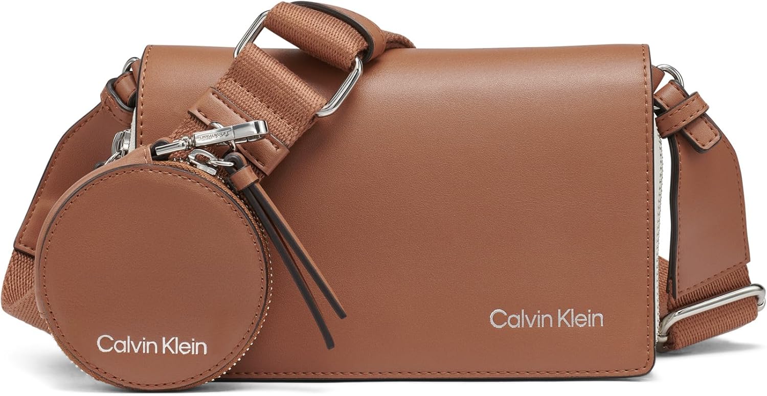 Calvin Klein Millie crossbody bag in brown with removable round pouch and adjustable strap