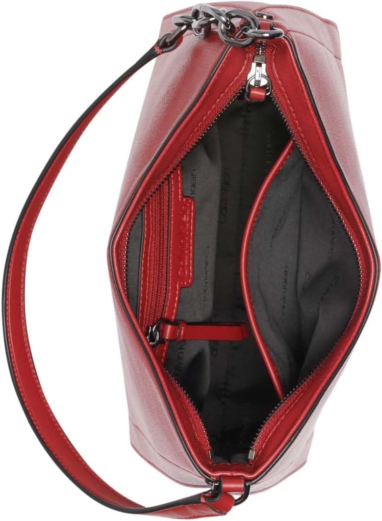 Interior view of a Calvin Klein brown chain shoulder bag with ample storage and organization pockets