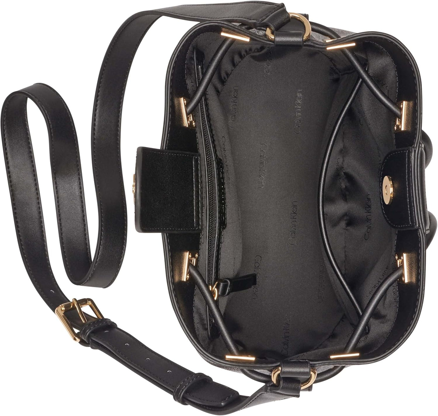 Interior view of the Calvin Klein silver bucket bag showcasing its spacious compartment and adjustable strap