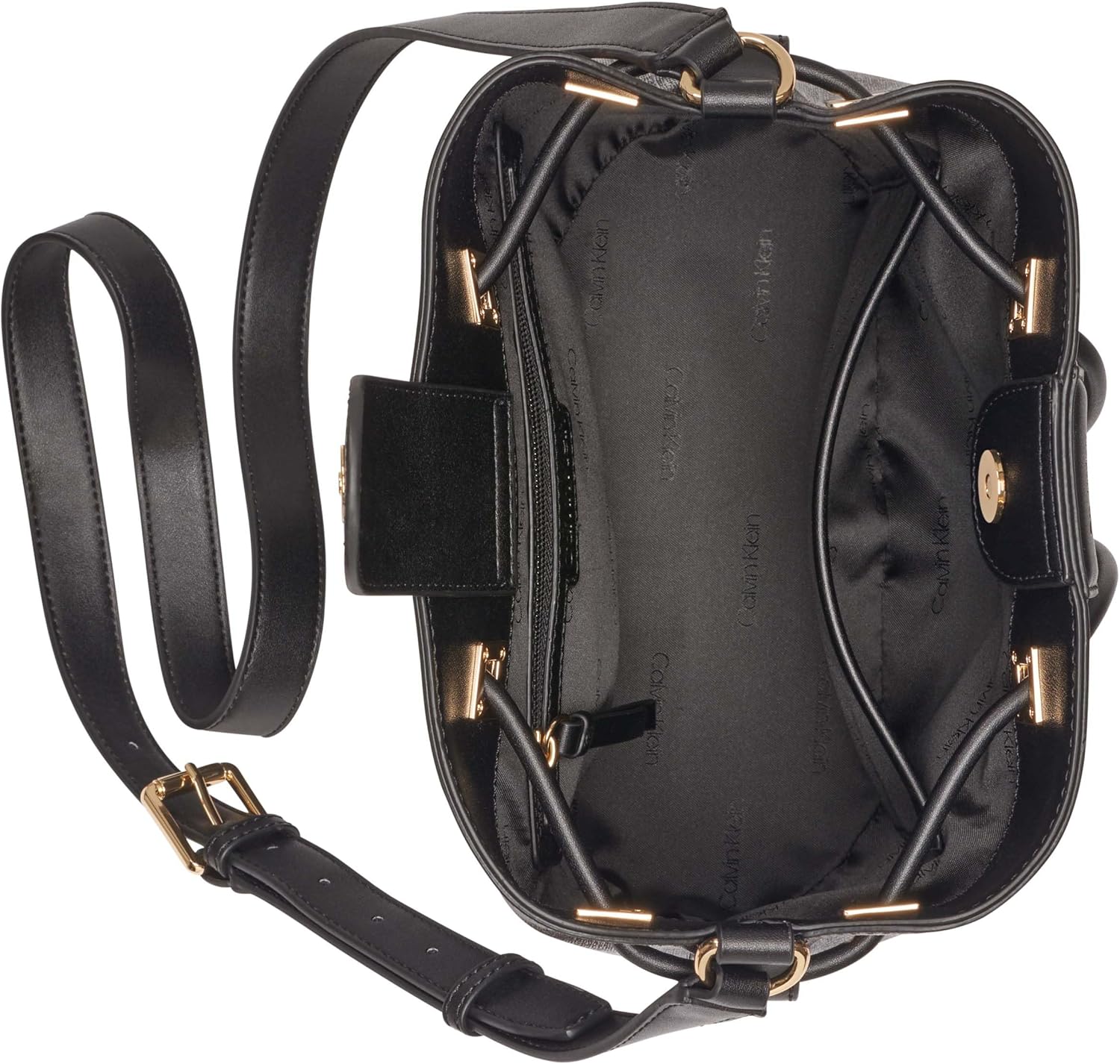 Interior view of the Calvin Klein silver bucket bag showcasing its spacious compartment and adjustable strap