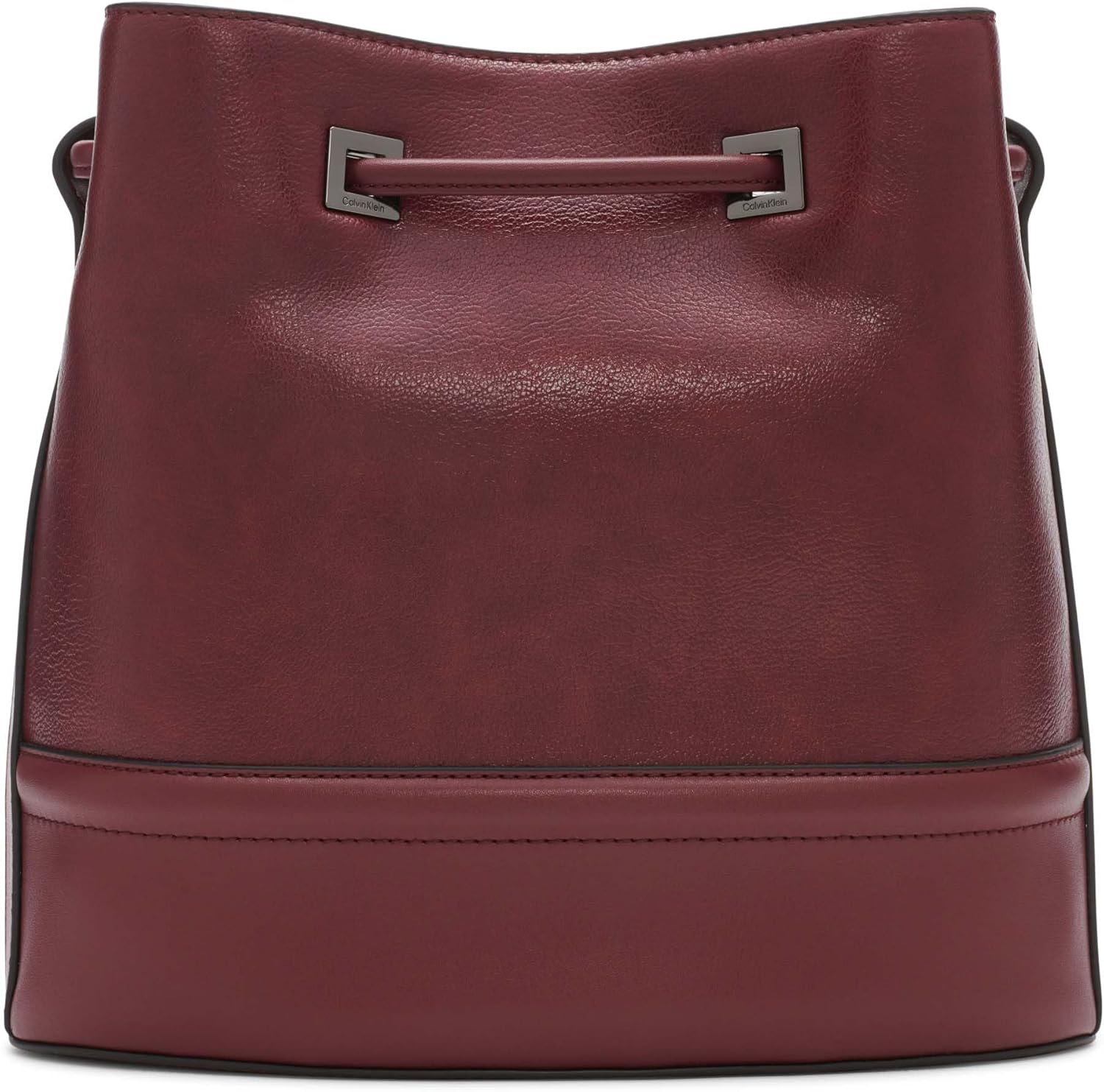 Calvin Klein silver bucket bag in burgundy leather with a sleek and modern design