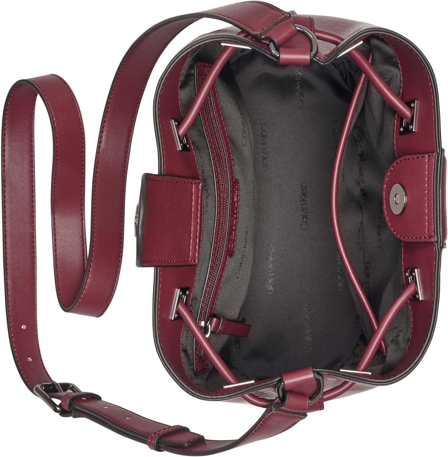 Calvin Klein silver bucket bag with spacious interior and adjustable shoulder strap for everyday use