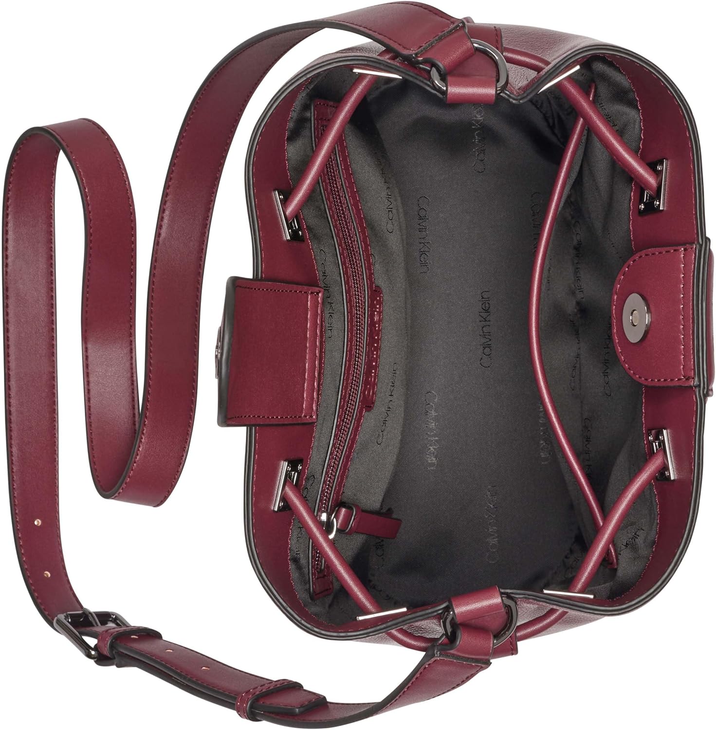 Calvin Klein silver bucket bag with spacious interior and adjustable shoulder strap for everyday use