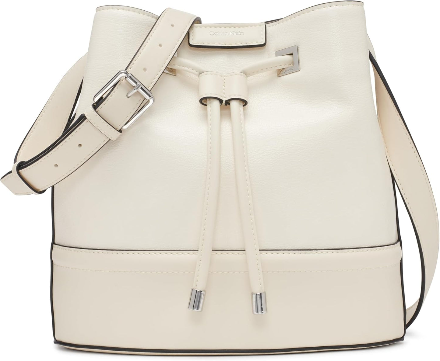 Calvin Klein silver bucket bag in cream with adjustable strap and drawstring closure