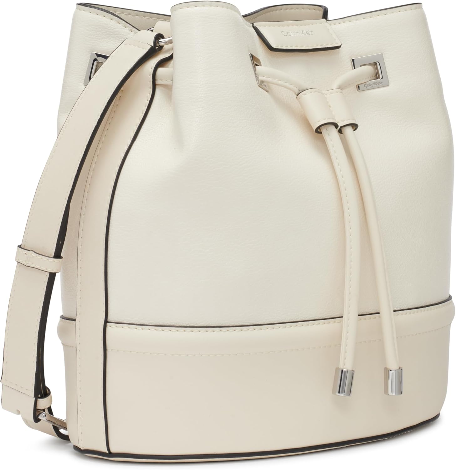 Calvin Klein silver bucket bag with adjustable strap and modern design for stylish outings