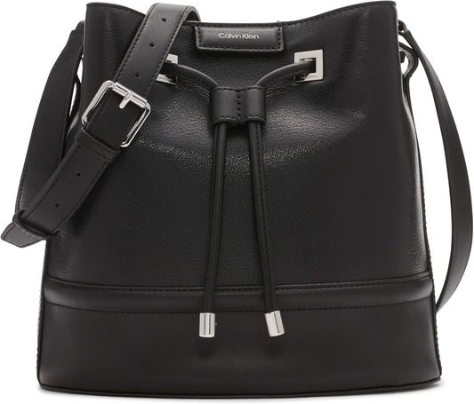 Calvin Klein silver bucket bag with adjustable strap and modern design for stylish everyday use