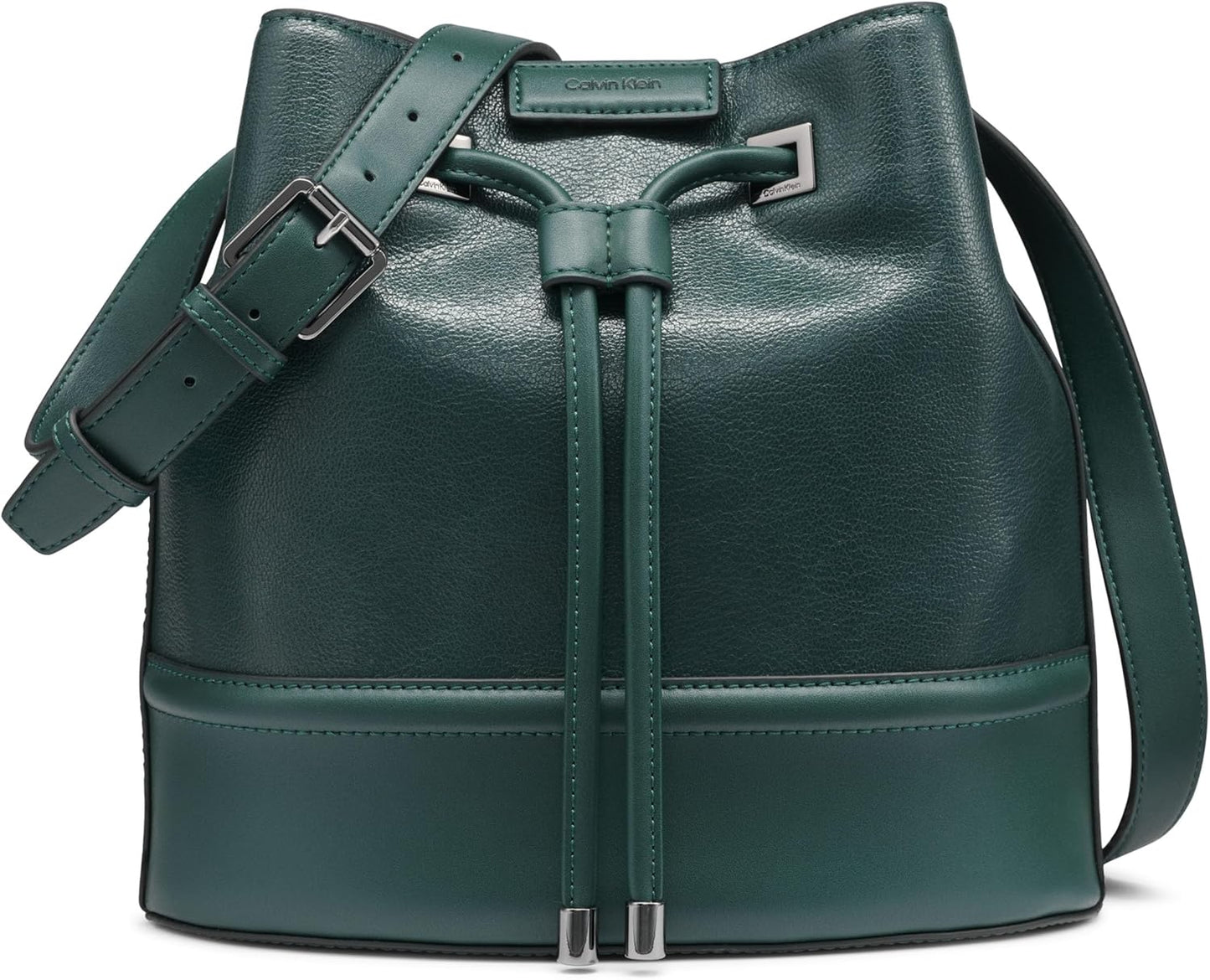 Calvin Klein silver bucket bag featuring a sleek design and adjustable crossbody strap for everyday use