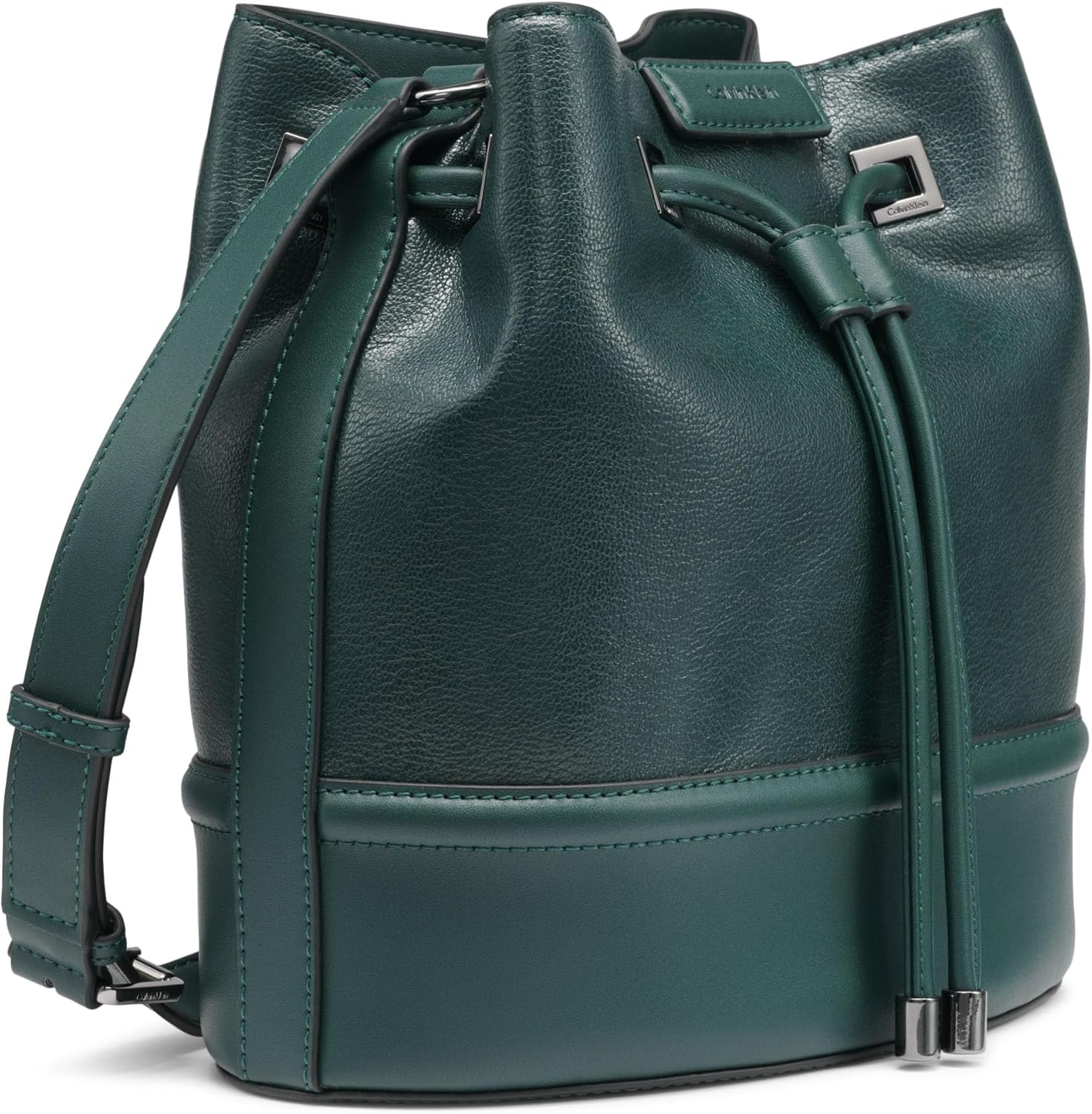 Calvin Klein silver bucket bag in rich green leather with adjustable strap and stylish design