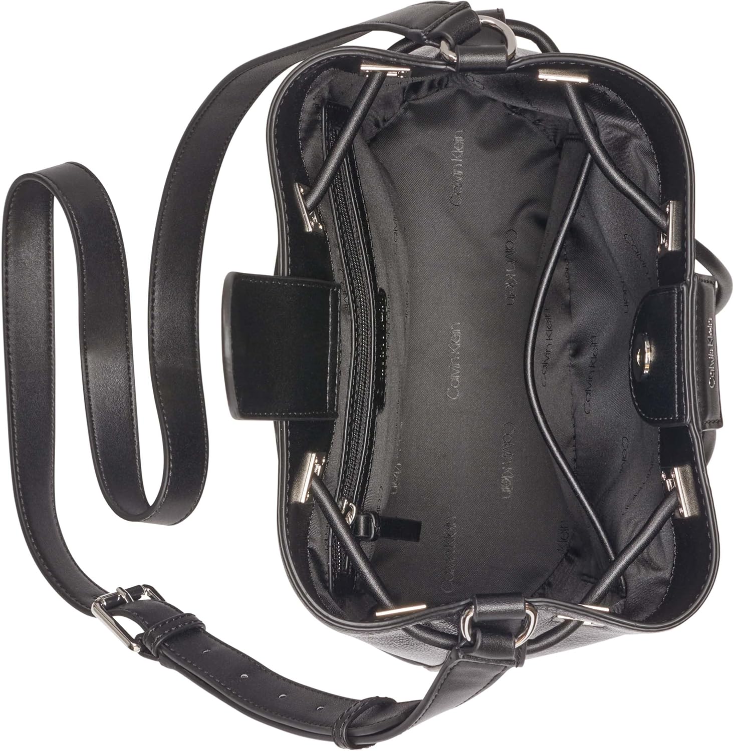 Inside view of a Calvin Klein silver bucket bag showing the spacious and organized interior design