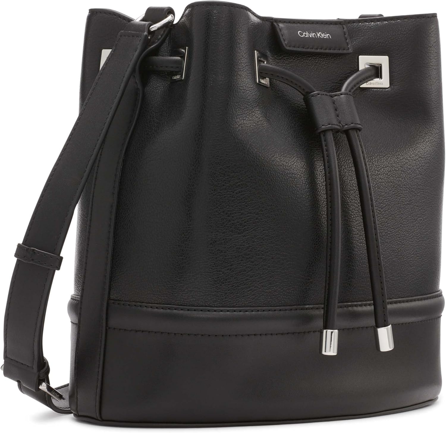 Calvin Klein silver bucket bag in sleek black leather with adjustable shoulder strap