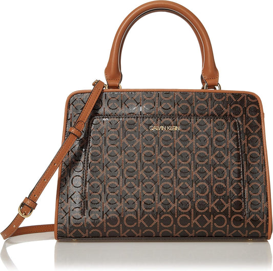 Calvin Klein textured satchel bag in brown with a unique logo print and detachable strap
