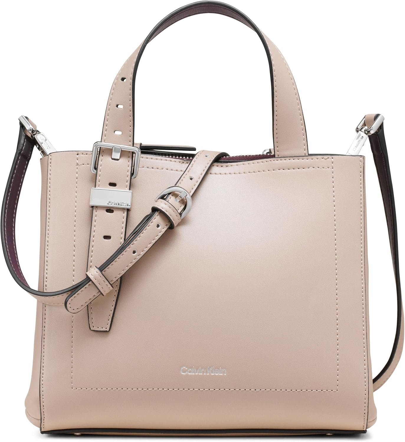 Calvin Klein triple compartment crossbody bag in soft beige with adjustable strap and sleek design