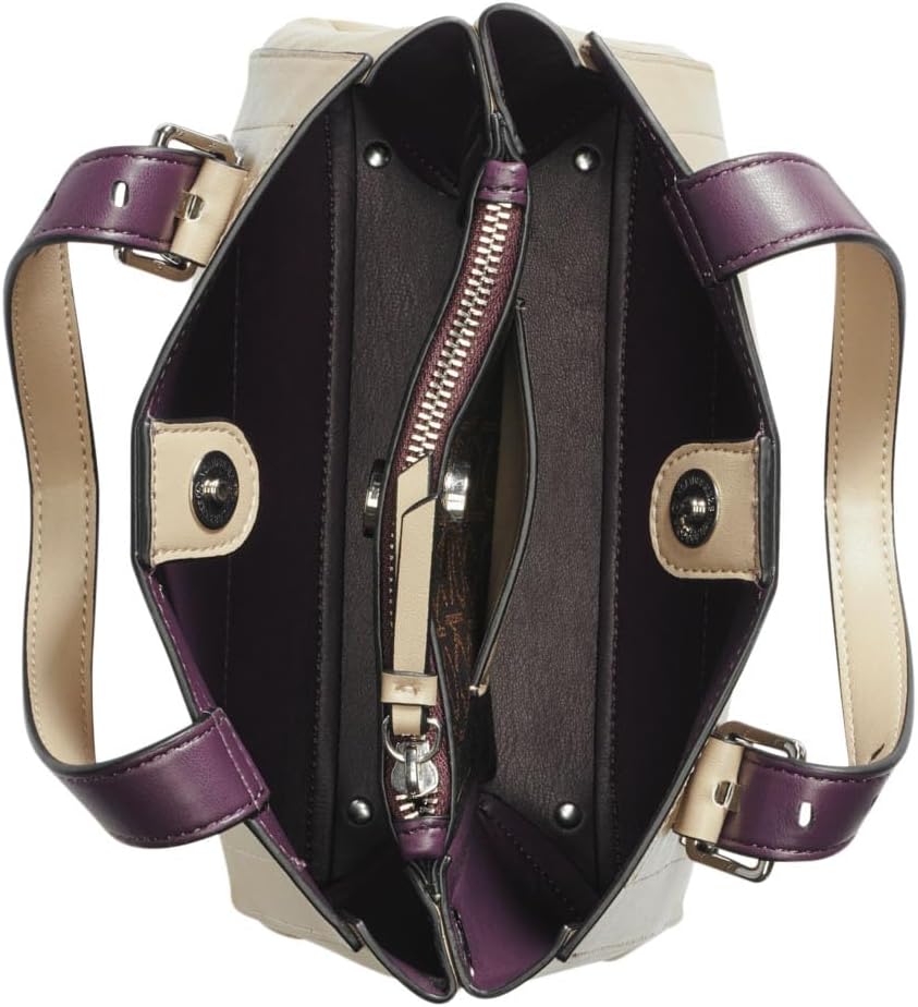Interior view of Calvin Klein triple compartment crossbody bag with elegant purple accents