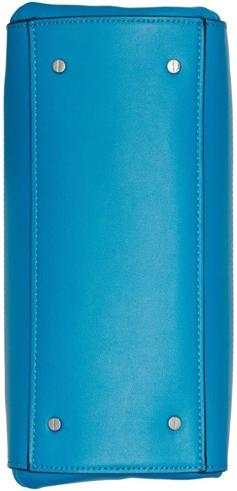 Bottom view of the Calvin Klein triple compartment crossbody bag in vibrant blue with metal feet for durability