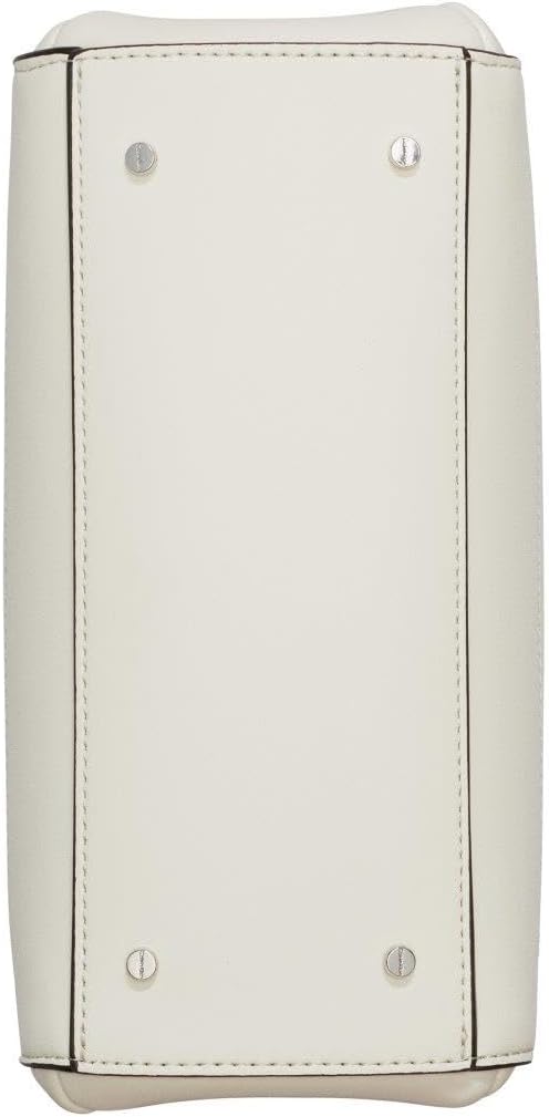 Bottom view of Calvin Klein triple compartment crossbody bag in beige with protective metal studs