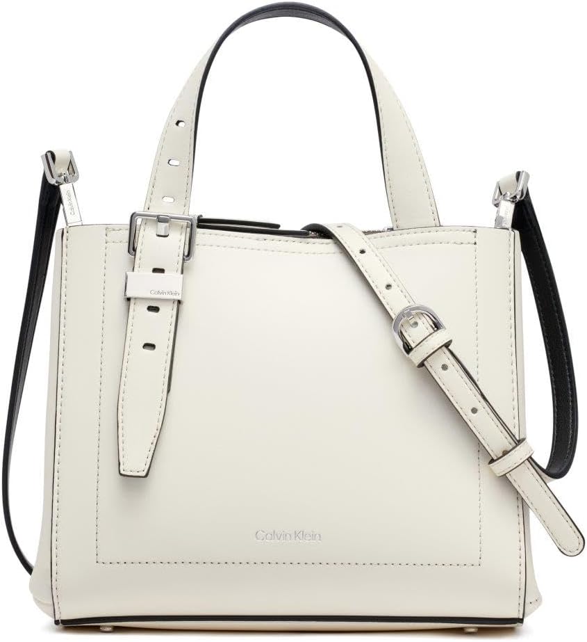 Calvin Klein triple compartment crossbody bag in cream with adjustable shoulder strap and sleek design