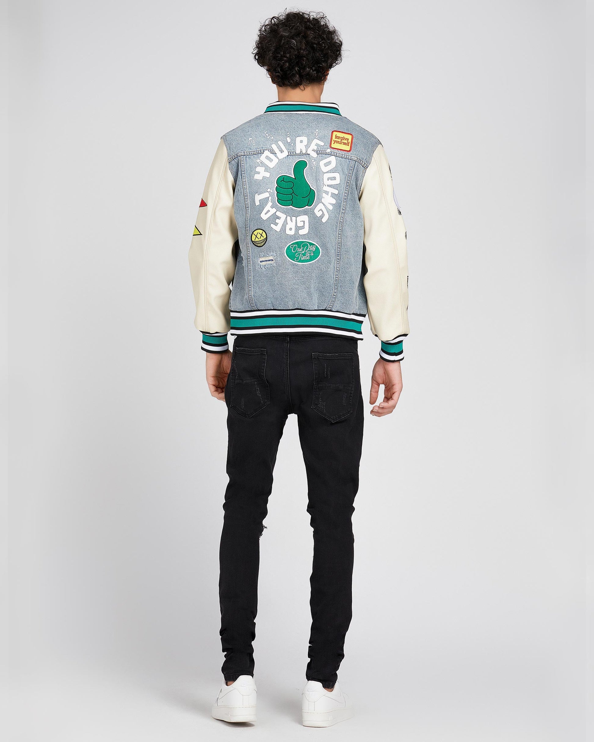 Logeqi cartoon denim baseball jacket with colorful patches and thumbs-up design on the back