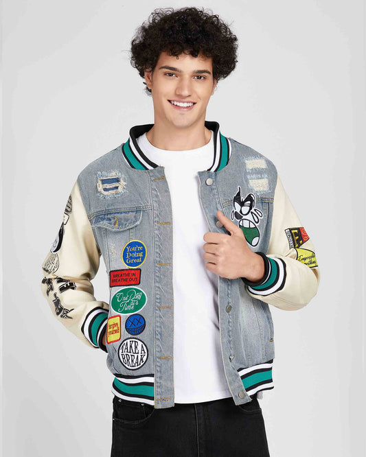 Logeqi cartoon denim baseball jacket with colorful patches and a trendy design for casual wear