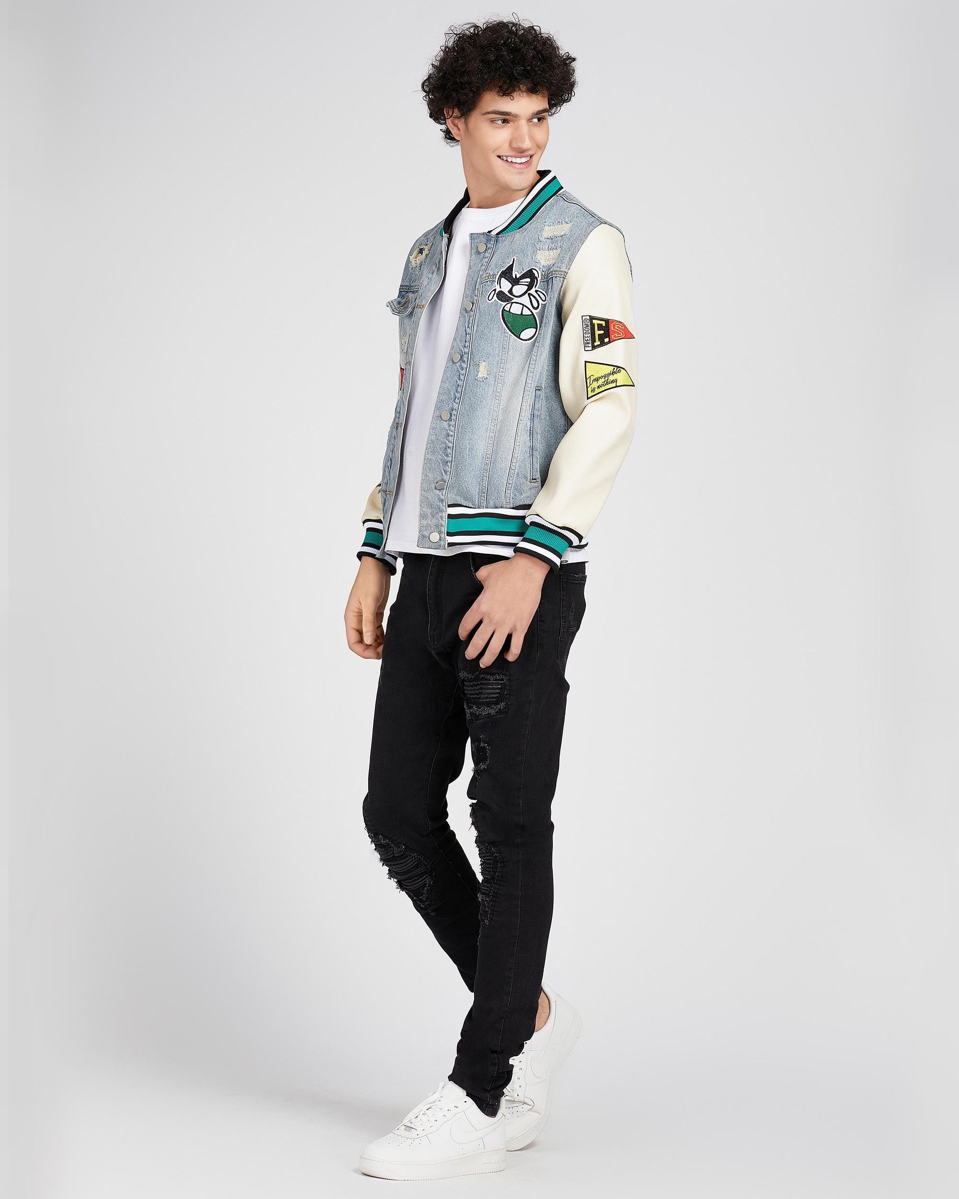Logeqi cartoon denim baseball jacket with colorful patches and long sleeves for a trendy look
