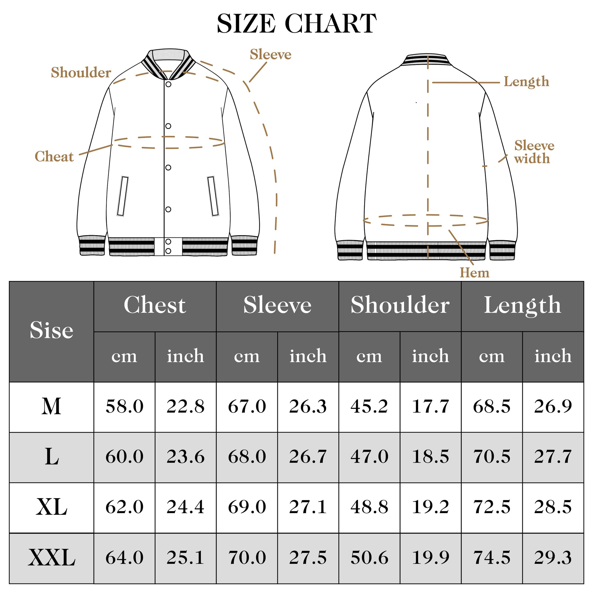 Logeqi cartoon denim baseball jacket size chart with measurements for M, L, XL, and XXL sizes