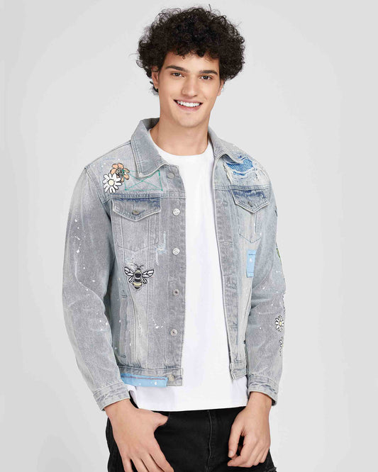Logeqi casual denim jacket for men with floral patches and a stylish gray wash