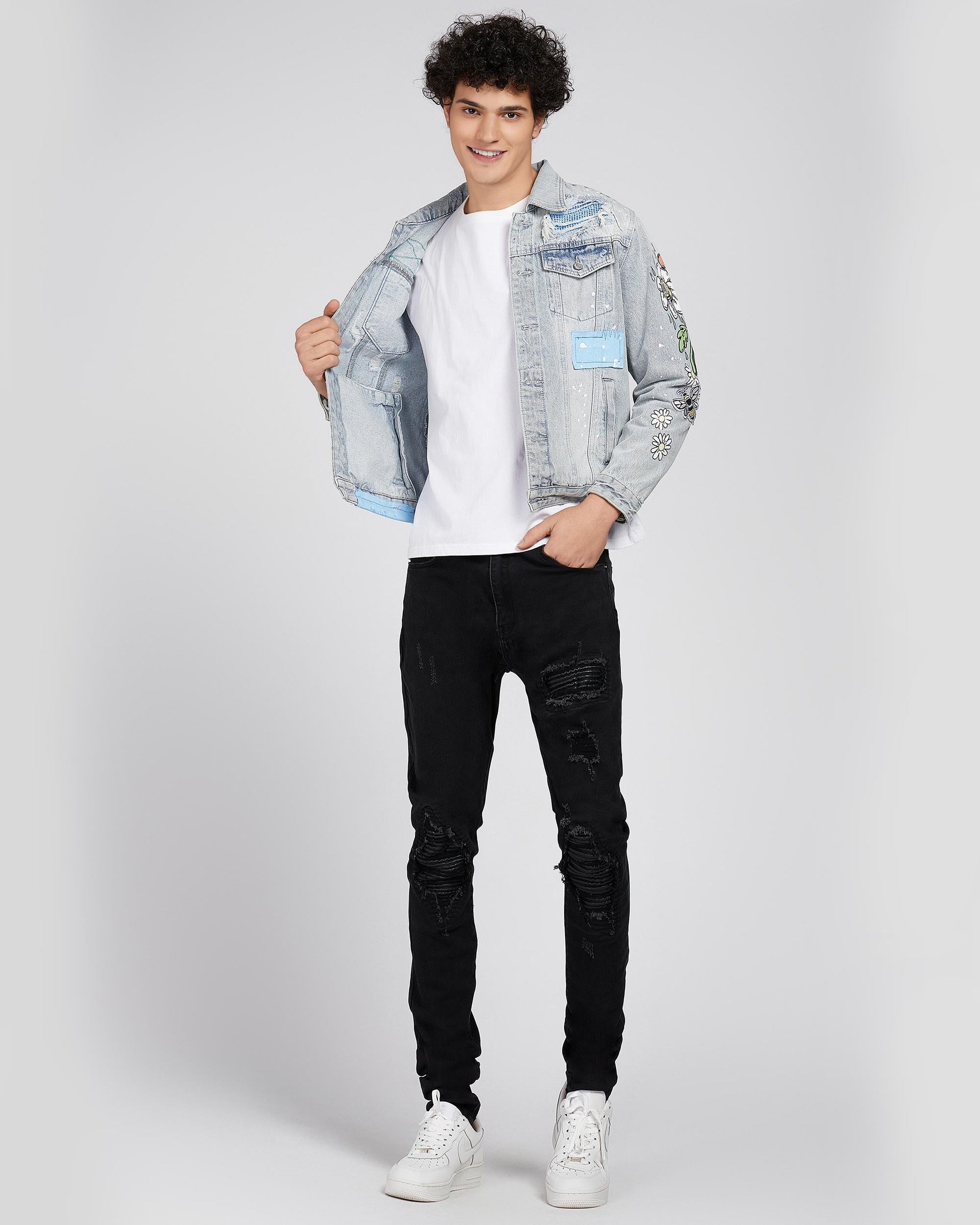 Logeqi casual denim jacket for men with stylish patches and a relaxed fit, perfect for everyday wear.