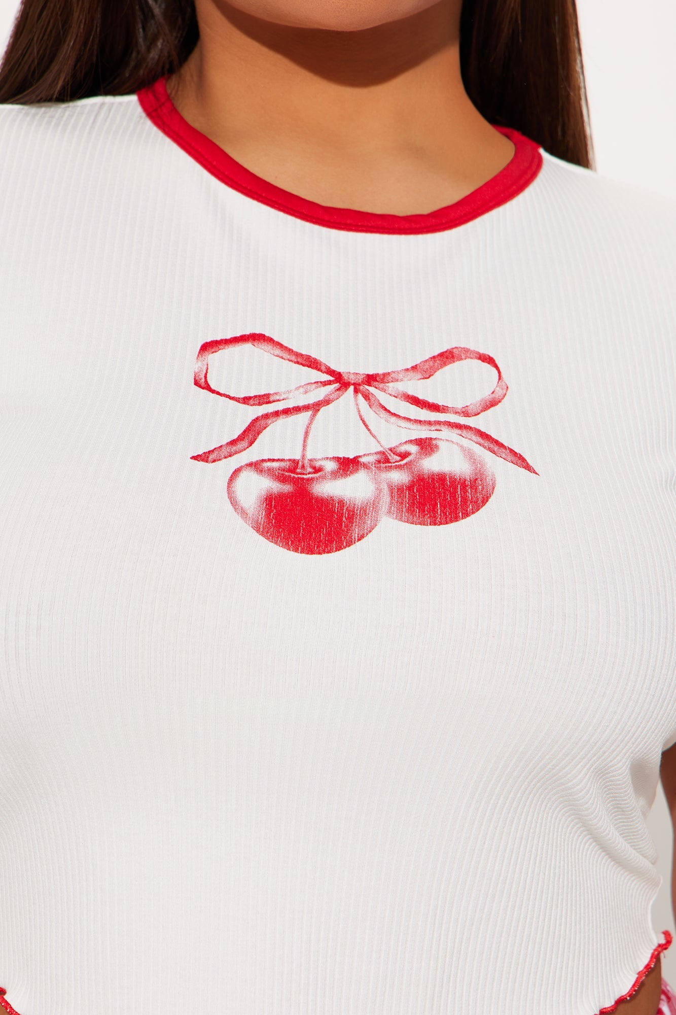 Fashion Nova cherry print t shirt with a playful red cherry design and contrasting trim