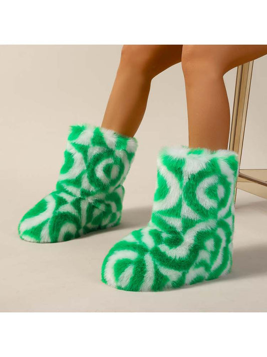 Wholesale7 color block plush boots in green and white fuzzy pattern for cozy indoor wear
