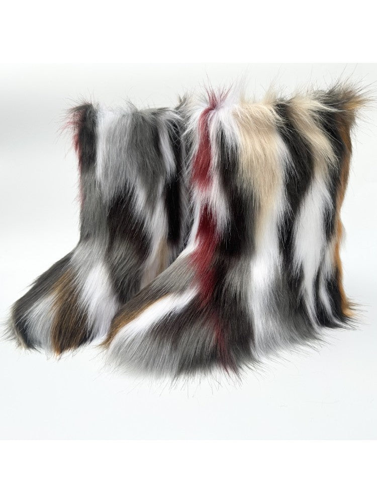 Wholesale7 colorblock faux fur boots with multicolor shaggy texture and mid-calf length design