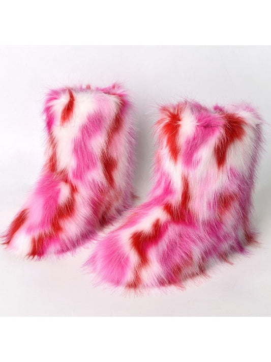 Wholesale7 colorblock faux fur boots in pink white and red with fluffy texture