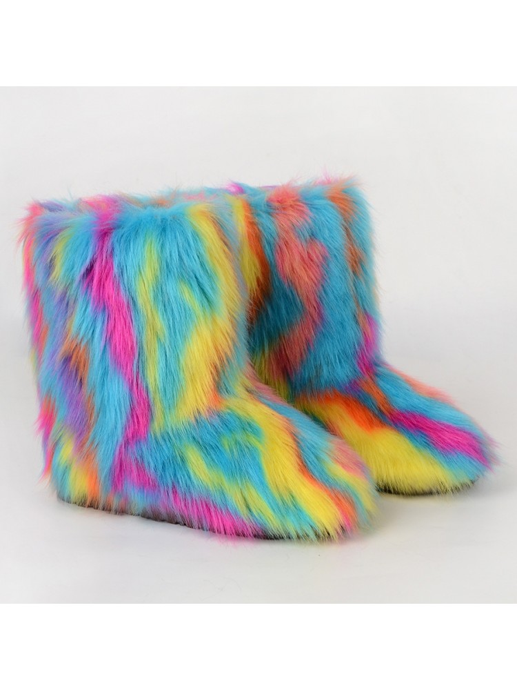 Wholesale7 colorblock faux fur boots with vibrant blue pink yellow and orange striped design
