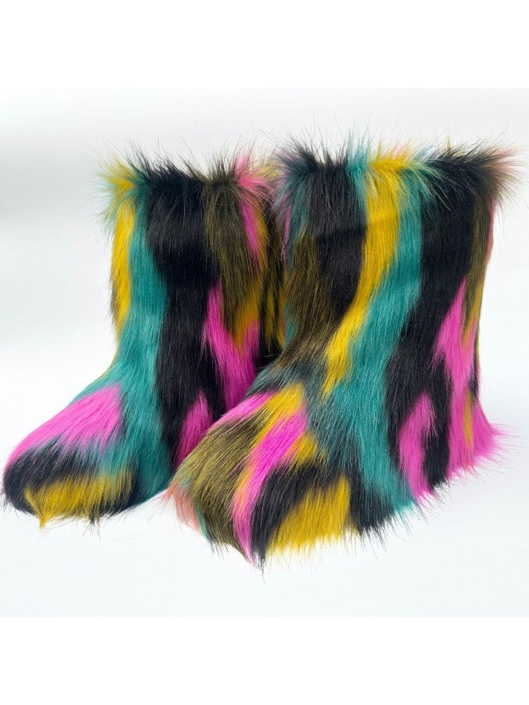 Wholesale7 colorblock faux fur boots with vibrant pink yellow teal and black fur design
