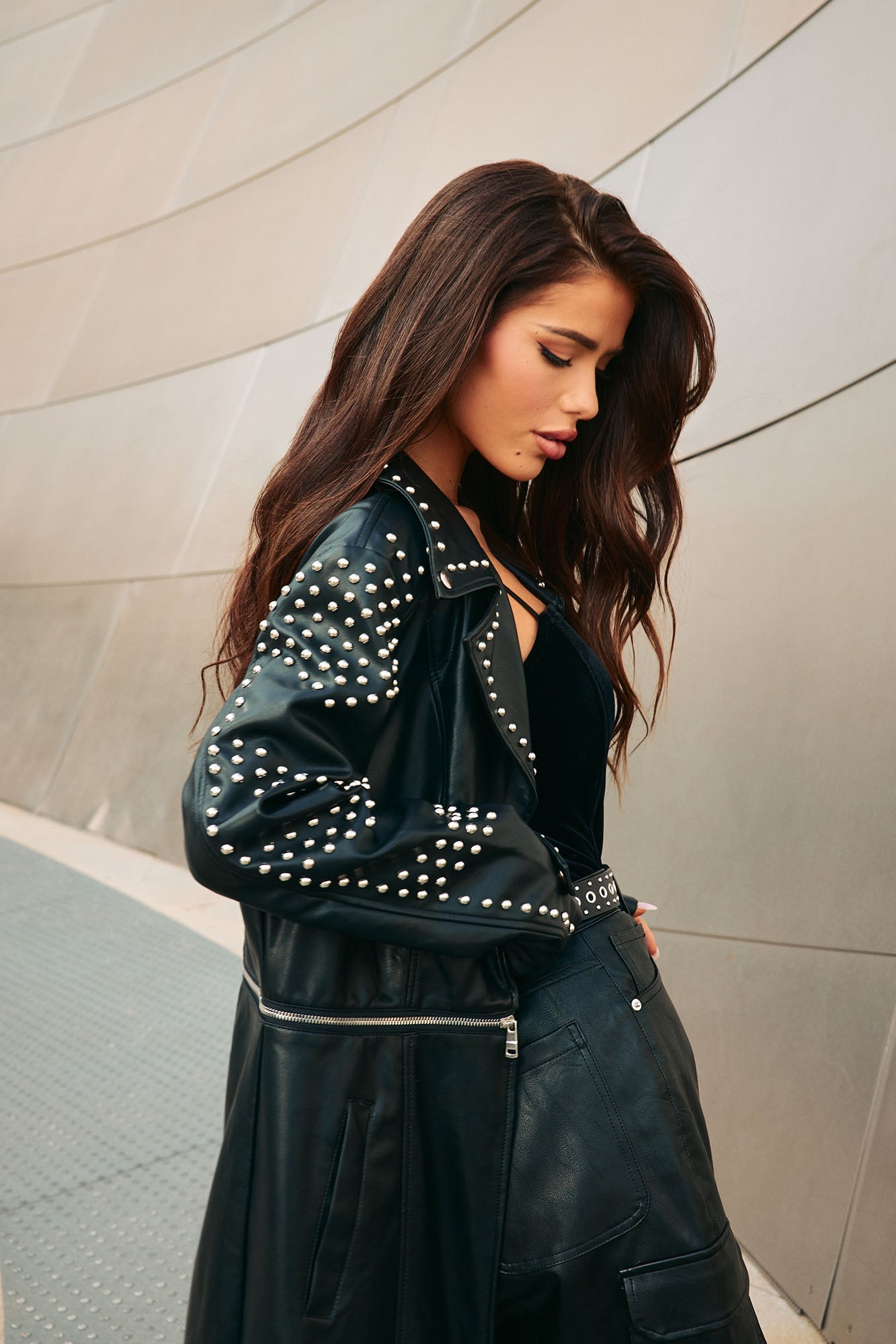 Fashion Nova convertible trench coat black with studded details for a trendy look