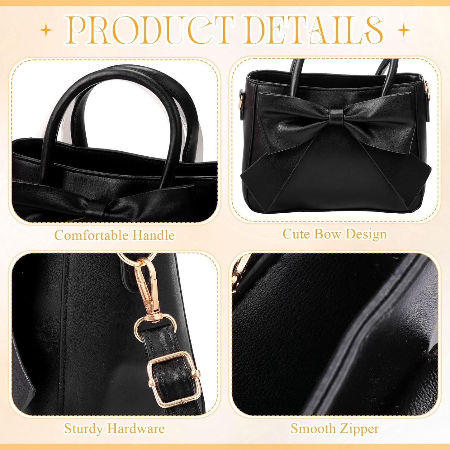 Black crossbody bag with cute bow design featuring comfortable handle, sturdy hardware, and smooth zipper cute purses for women