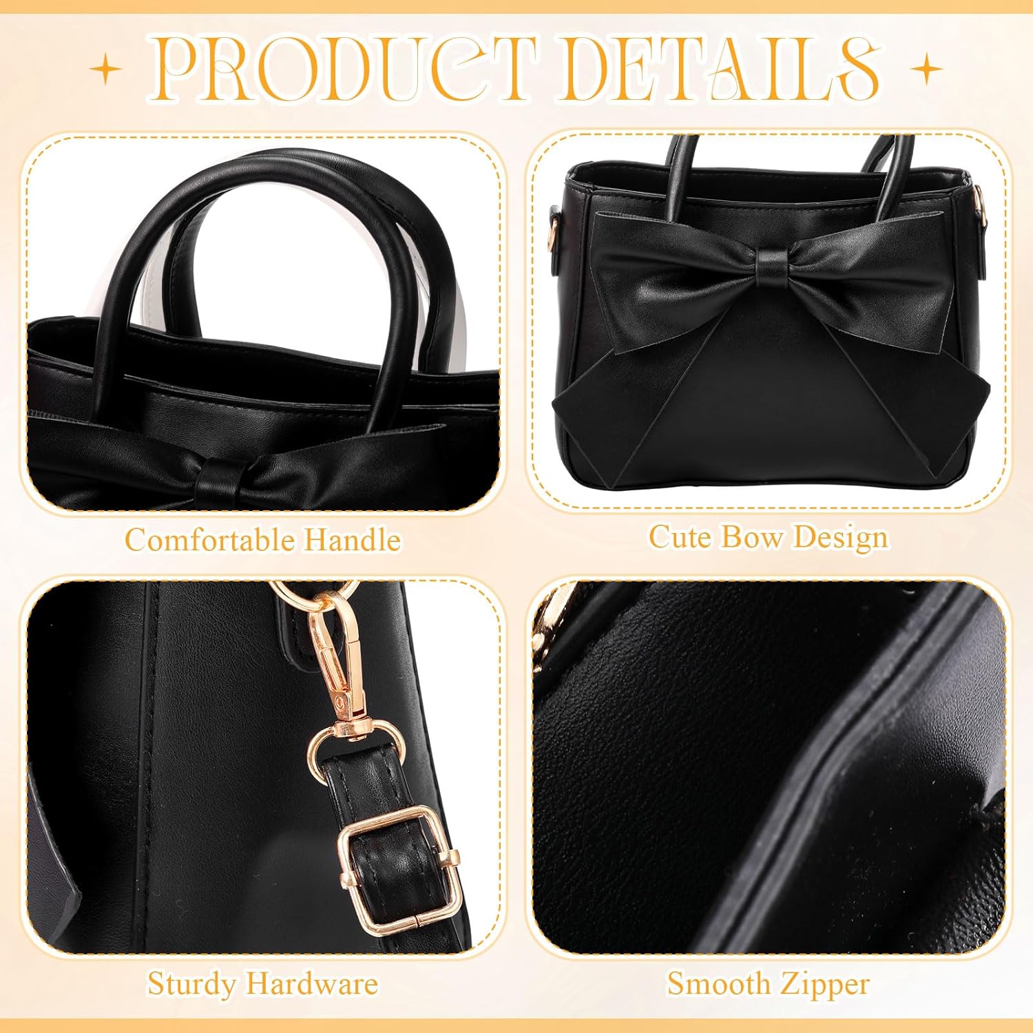 Black crossbody bag with cute bow design featuring comfortable handle, sturdy hardware, and smooth zipper cute purses for women