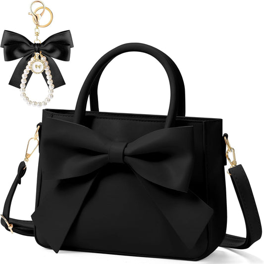 Black crossbody bag with large bow detail and matching keychain cute purses for women by Modan Online
