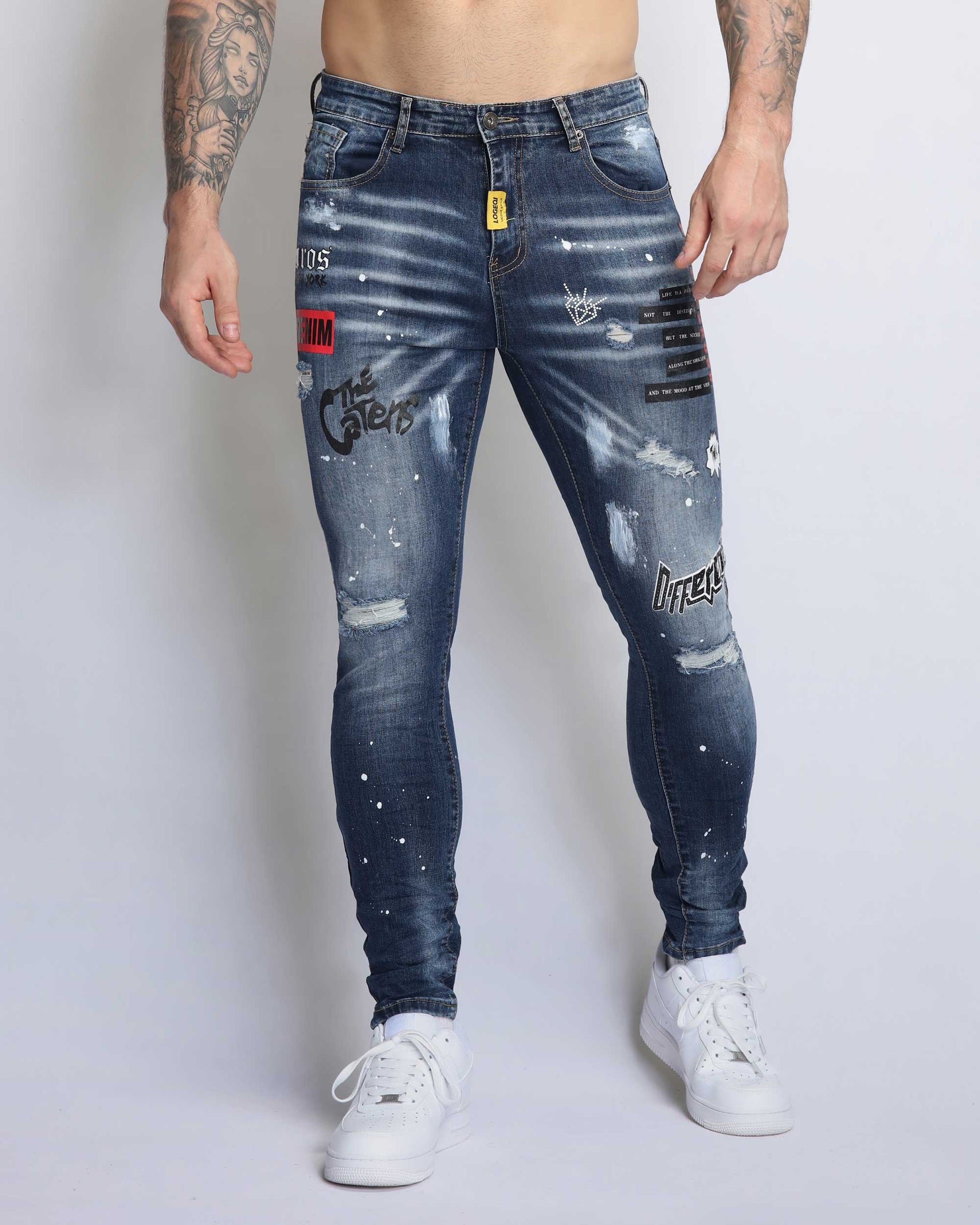 Logeqi dark blue graffiti jeans with stylish distressed details and a slim fit design