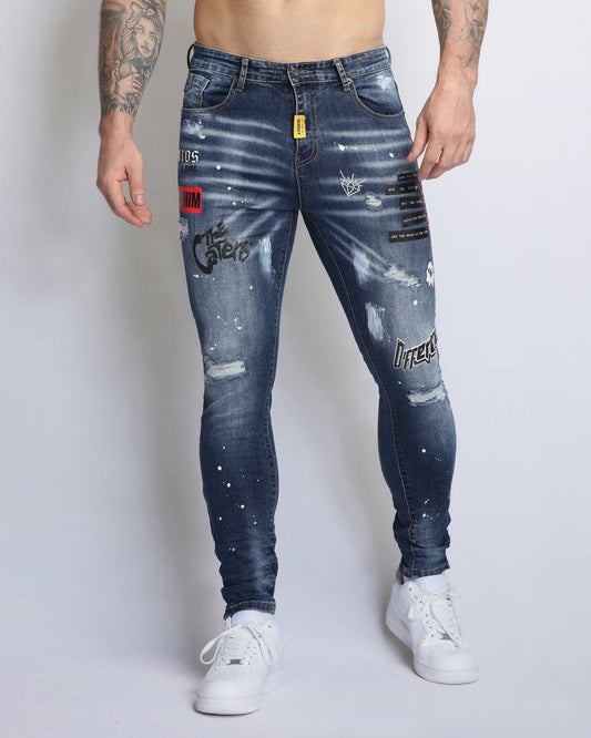 Logeqi dark blue graffiti jeans with stylish distressed details and a slim fit design