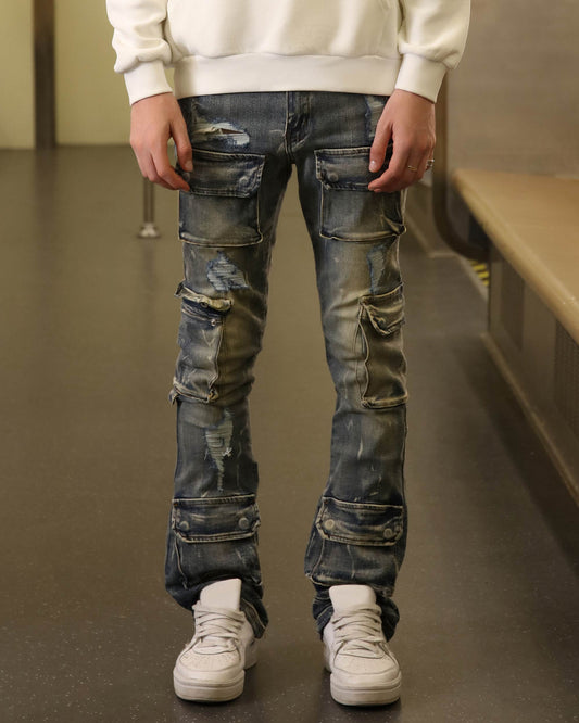 Logeqi dark wash cargo jeans with distressed design and multiple pockets for a modern look