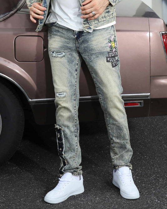 Logeqi dark washed straight leg jeans with distressed details and unique patches