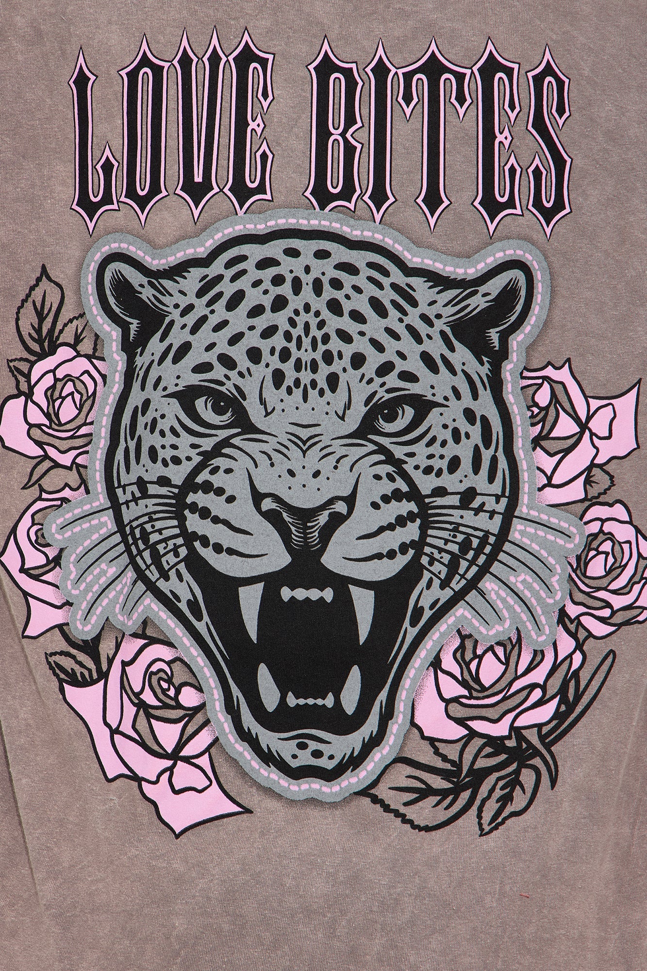 Fashion Nova Def Leppard washed tee featuring a fierce leopard graphic with pink roses